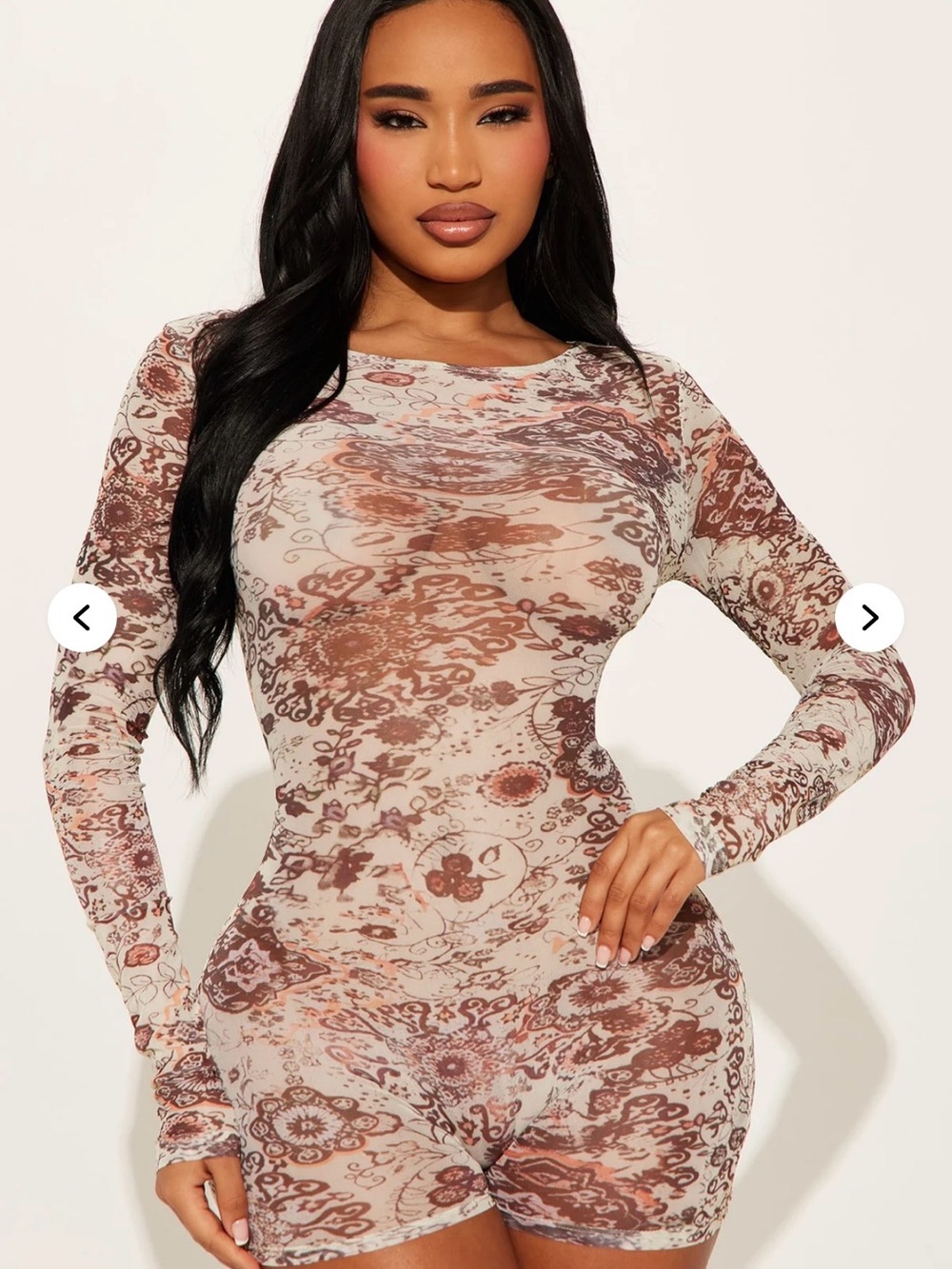 Fashion Nova Brown Floral Mesh Long Sleeve Romper
(#110)
